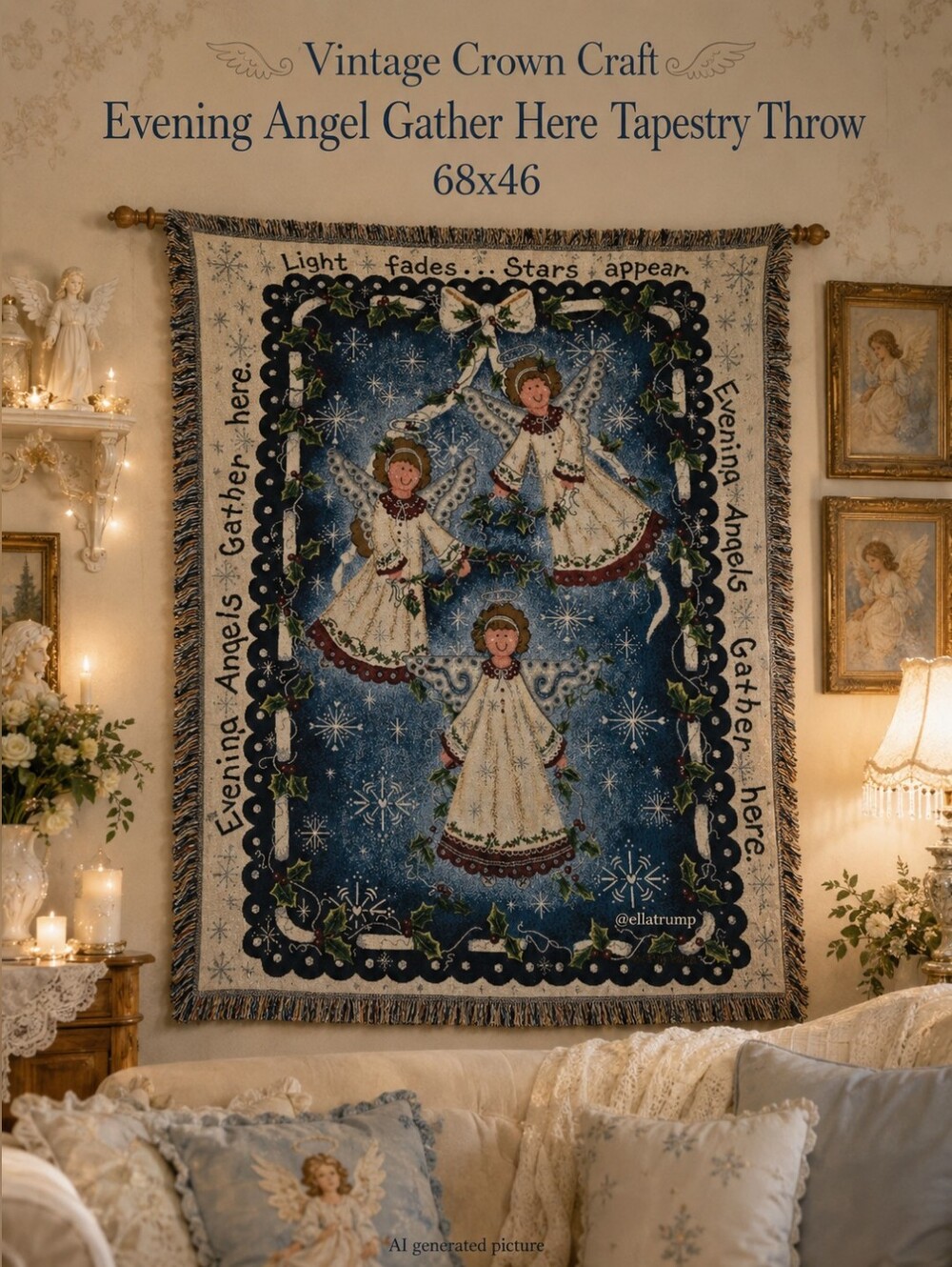 Vintage Crown Craft Evening Angel Gather Tapestry Blanket Throw